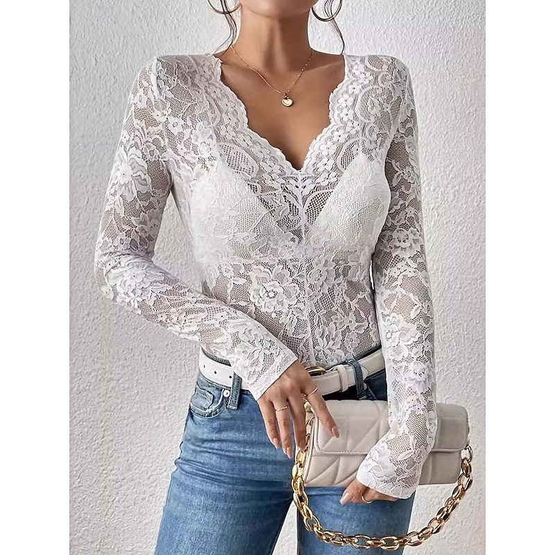 Women's Lace Splicing Top Sexy Long Sleeve V Neck Regular Tops Lace claret White Summer Spring