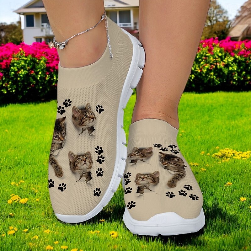 Women's Cat and Cat Paw Print Flyknit Sneakers - Lightweight Breathable Casual Shoes for Fitness and Everyday Wear