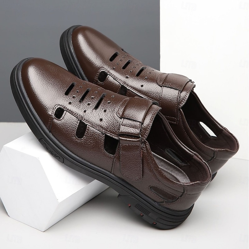 Men's Brown Faux Leather Breathable Fisherman Sandals – Velcro Strap, Casual Closed-Toe Design, Comfortable Summer Footwear for Outdoors and Daily Wear2