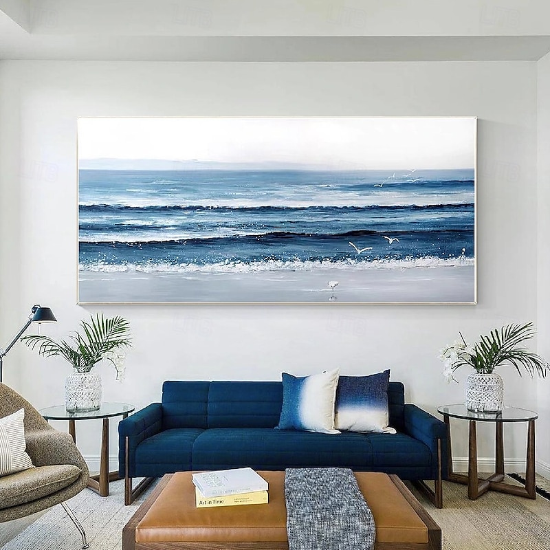 Original White Ocean Wave Art Beach Abstract Painting White Wall Art Blue 3D Texture Painting Brown Beach Wall Art Modern Pastel Room Decor