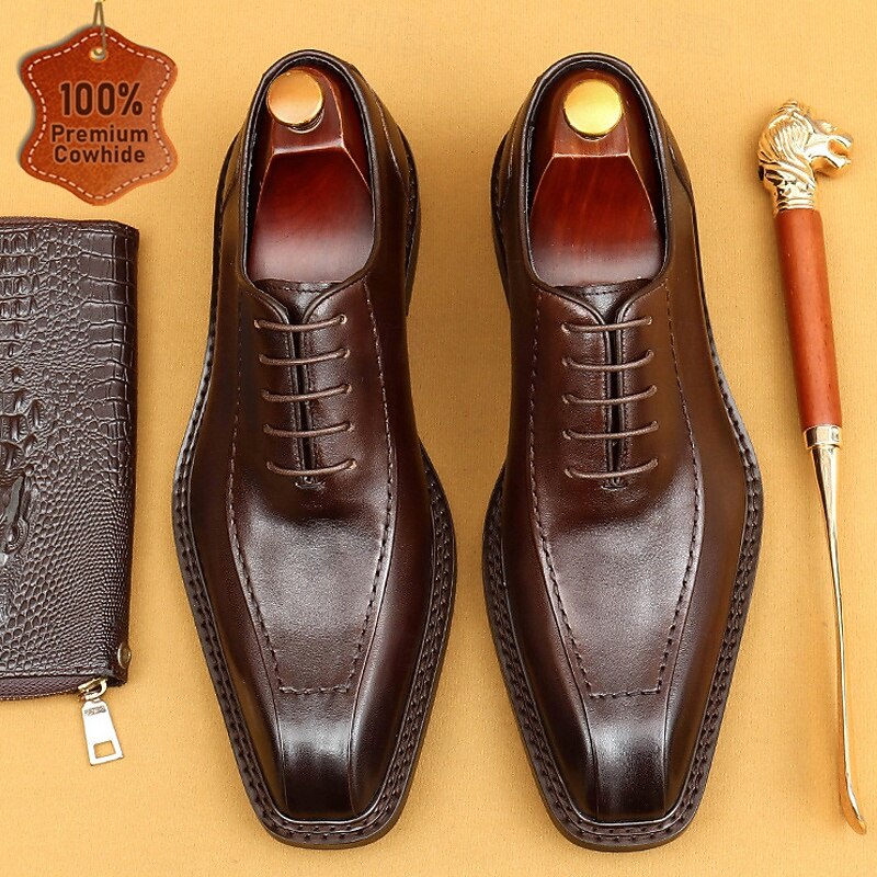 Men's Premium Cowhide Leather Oxford Shoes - Formal Business Dress Footwear with Hand-Stitched Detailing, Ideal for Weddings, Office and Formal Events