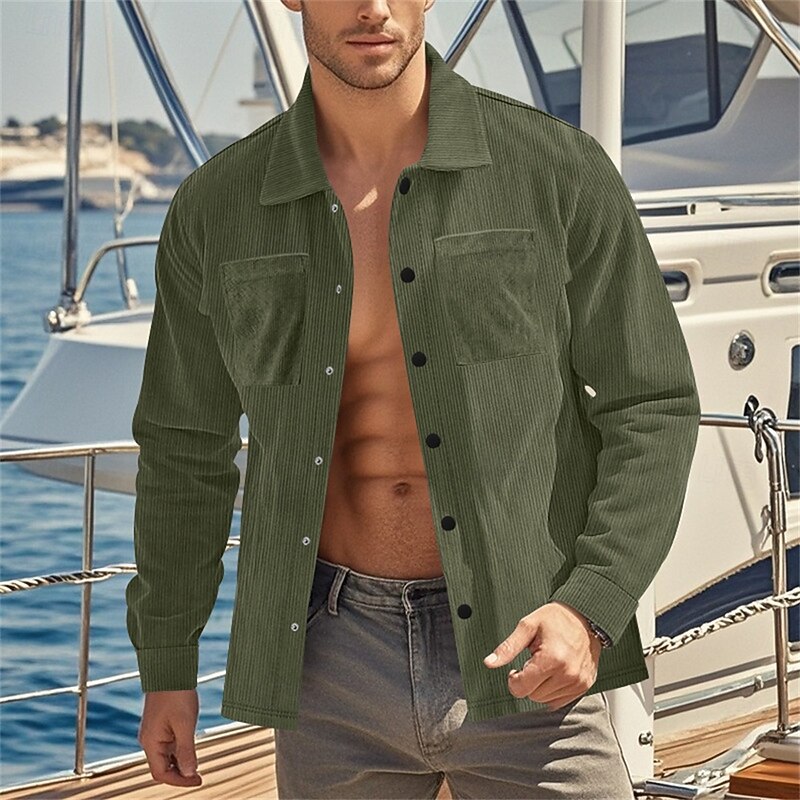 Men's Shirt Jacket Overshirts Transition Jacket Vacation Lightweight Pocket Summer Plain Holiday Lapel Regular Black Army Green Gray Jacket3