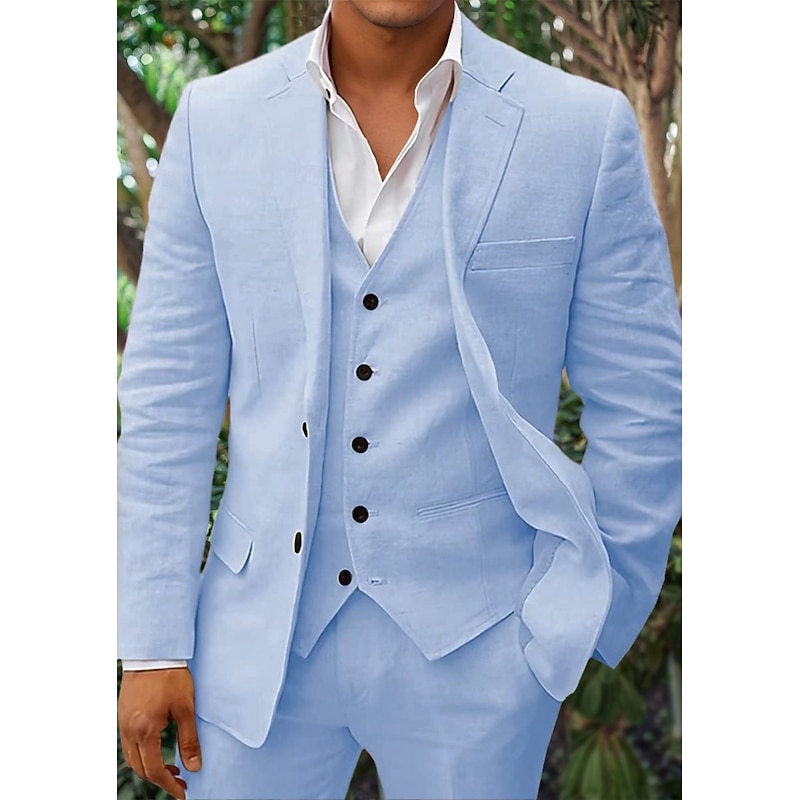 Men's Linen Suits Beach Wedding Summer Suits Solid Colored 3 Piece Tailored Fit Single Breasted Two-buttons Beige Sky Blue White