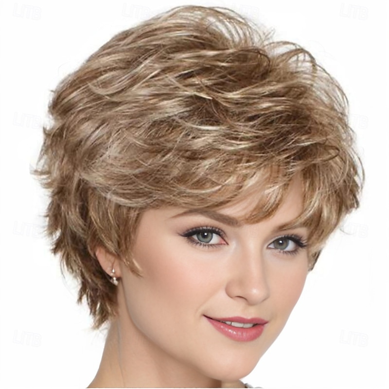 Short Brown Curly Wigs with Blonde Highlight Brown Pixie cut Wavy Wigs for White Women Layered Synthetic Full Wigs for Daily Party