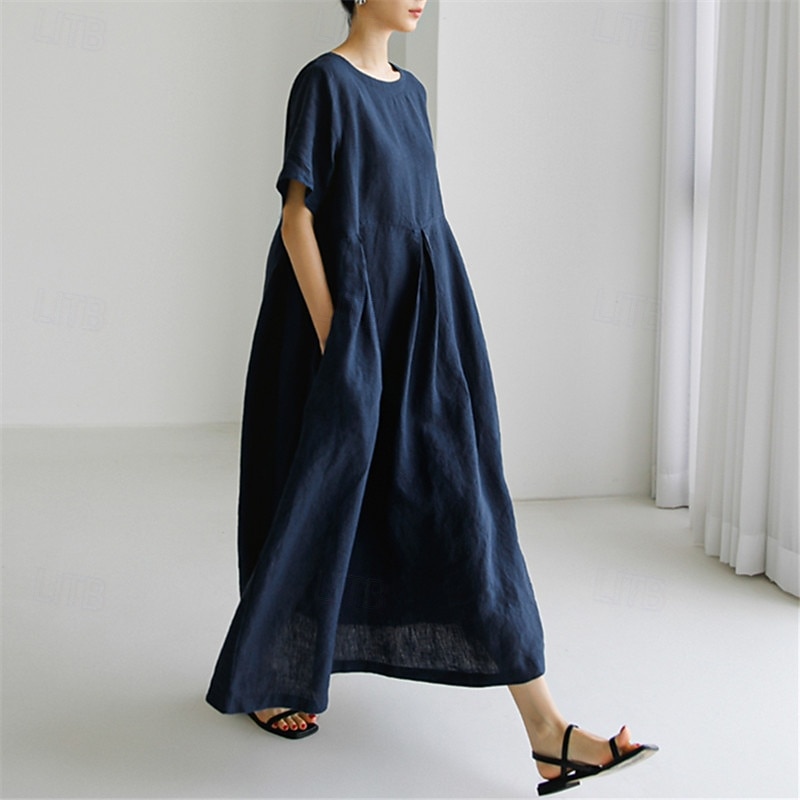 Women's Long Dress Maxi Dress Linen-Inspired Dresses Casual Dress Cotton Linen Dress Stylish Casual Vacation Daily Date Regular Fit Plain Short Sleeve Crew Neck Navy Blue Dark Green Apricot Summer2