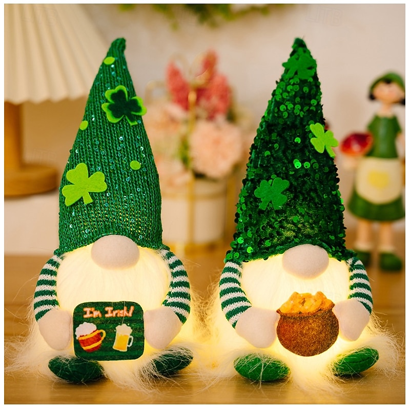 St. Patrick's Day Sequined Hat with Light Rudolf Doll - St. Patrick's Clover Gnome for Indoor Restaurant Dining Table Festive Atmosphere Decoration 1pc