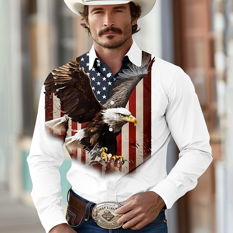 Men's Eagle American Flag Western Shirt Cowboy Shirt Long Sleeve Western Sports Outdoor Spring Fall Turndown Button Up Black White Red Dark Blue Gray4