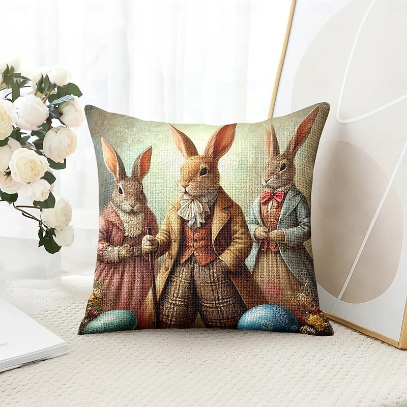Vintage Easter Decorative Toss Pillows Cover 1PC Bunny Soft Square Couch Cushion Case Pillowcase for Bedroom Livingroom Sofa Chair