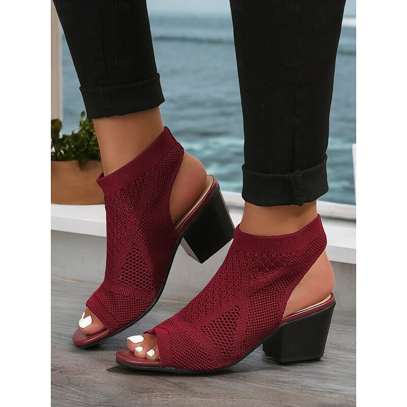 Women's Beige Peep-Toe Knit Ankle Booties with Block Heel, Breathable Summer Sandals for Casual and Office Wear