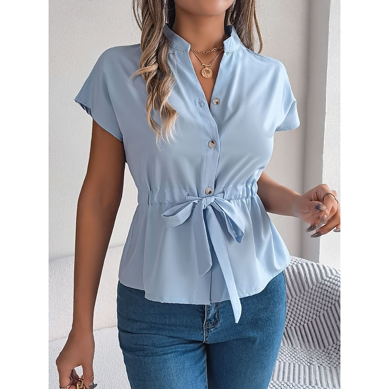 Women's Shirt Blouse Solid Color Daily Business Short Sleeve Turtleneck Regular Tops Daily Tie Front Buttons White Light Blue Summer