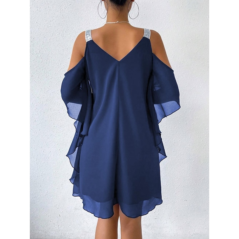 Women's Mini Dress Cocktail Dress Wedding Guest Dress Chiffon Dress Elegant Cold Shoulder Daily Loose Fit Solid Color Sleeveless V Neck Navy Blue Summer Spring Fall2