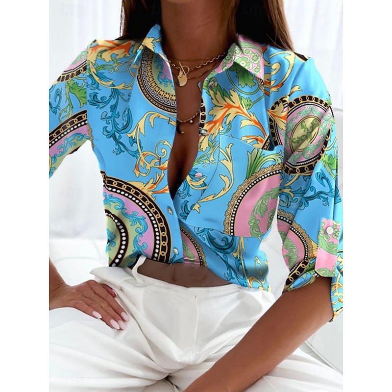 Women's Shirt Blouse Floral Geometric Stylish Casual Long Sleeve Shirt Collar Regular Tops Daily Buttons Print Black Blue Green Summer Spring4
