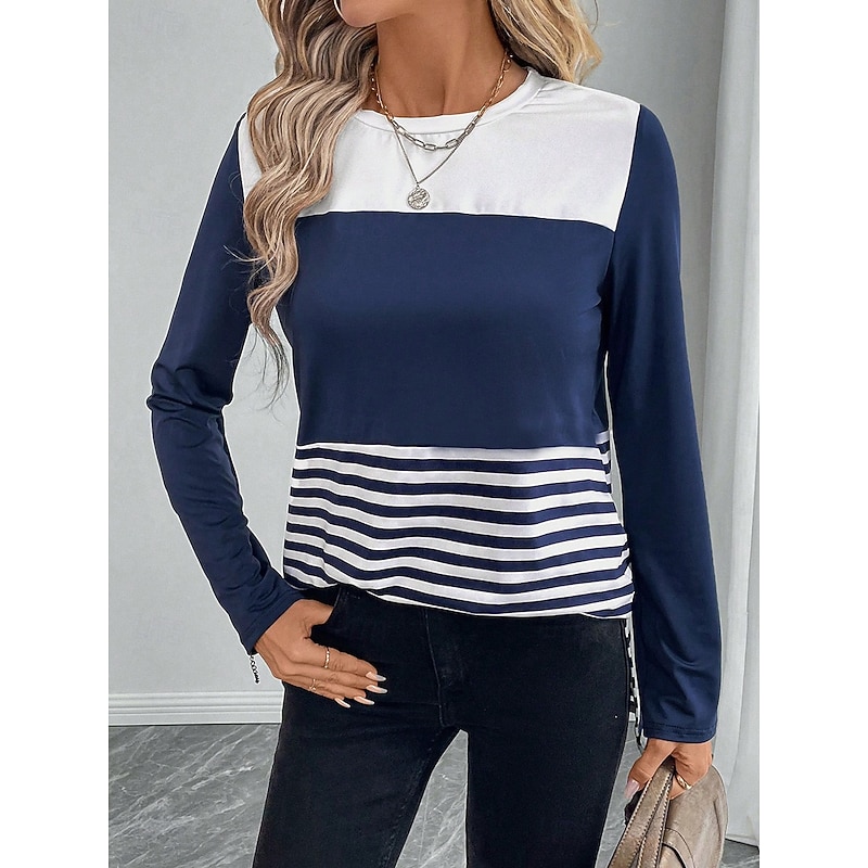 Women's T shirt Crew Neck Long Sleeve Tunic Striped Casual  Regular Tops Daily Print Blue Spring Fall