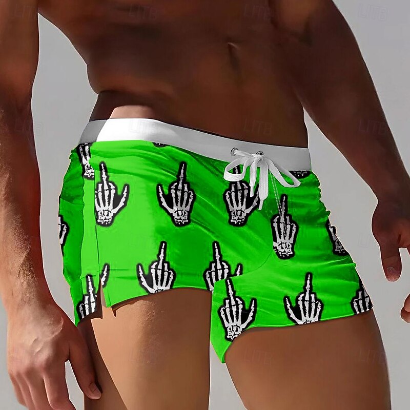 Men's Skull Funny gestures Halloween Costumes Swim Shorts Board Shorts Swimming Trunks Mid Waist 3D Print Hawaiian Surfing Holiday Beach Drawstring with Mesh lining Elastic Waist Designer Clothing4