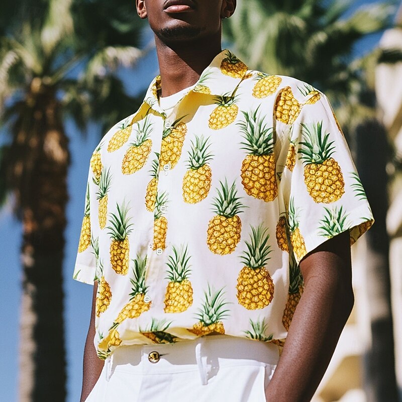 Men's Fruit Pineapple Summer Hawaiian Shirt Button Up Shirt Aloha Shirt Short Sleeve Hawaiian Resort Vacation Holiday Beach Wear Summer Spring Turndown 3D Print Collared Shirts White2