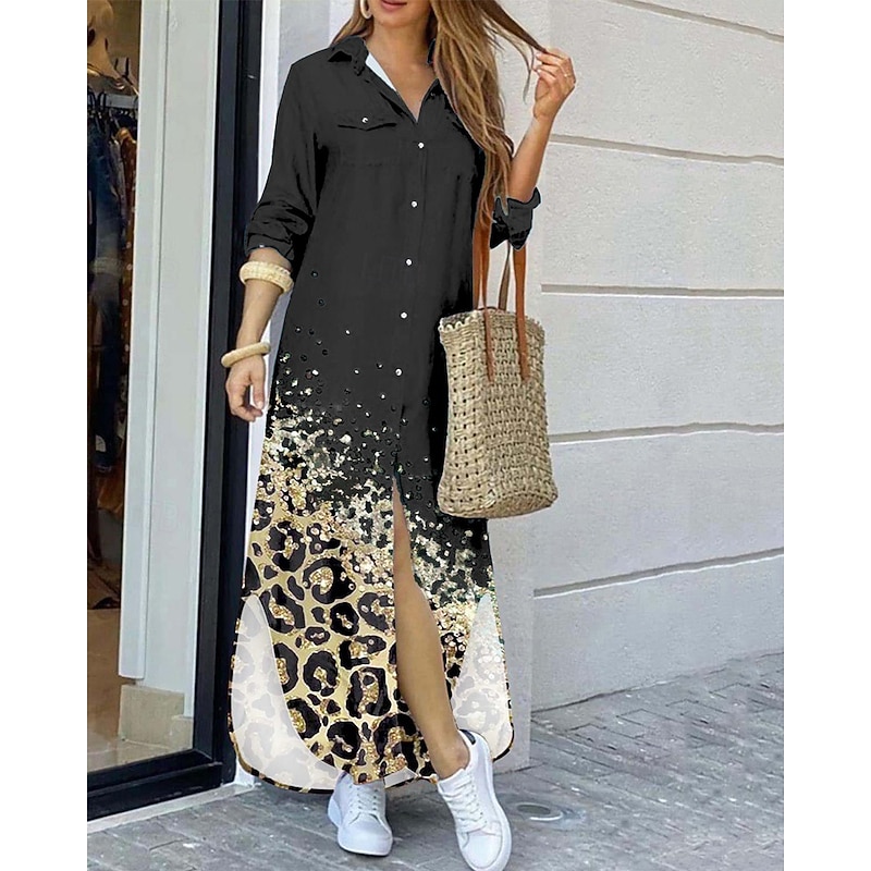 Women's Long Dress Maxi Dress Shirt Dress Casual Dress Summer Dress Stylish Casual Vacation Daily Date Regular Fit Color Block Long Sleeve Lapel Black Yellow Pink Red Summer Spring