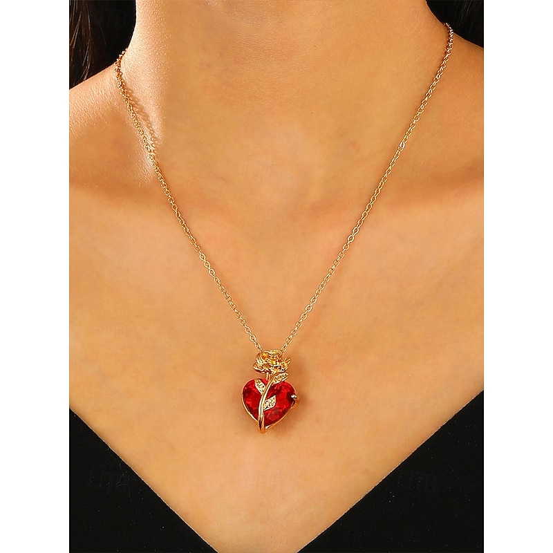 Women's Red Heart Pendant Necklace with Black Rose Design – Gothic Romantic Jewelry for Valentine's Day, Parties and Special Occasions3