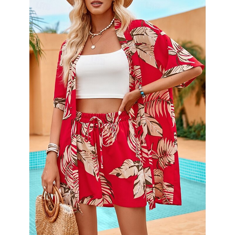 Women's Casual Jacket Suits Breathable Comfortable Drawstring Print Casual Leaf Vacation Street Holiday Daily Wear Open Front Regular Collarless Regular Fit Half Sleeve Outerwear Red Green Summer4
