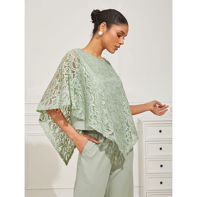 Women's Blouse Dressy Tops Plain Elegant Half Sleeve Crew Neck Regular Tops Wedding Guest Daily Lace Patchwork Layered Sage Green Summer Spring4