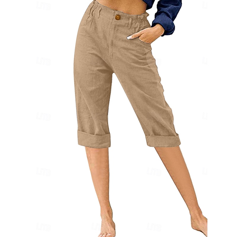 Women's Cotton Linen Shorts Linen-Inspired Pants Cotton Linen Pants Fashion Streetwear Calf-Length Medium Waist Plain Pocket Comfy Soft Comfortable Micro-elastic Outdoor Street Black Sky Blue Khaki