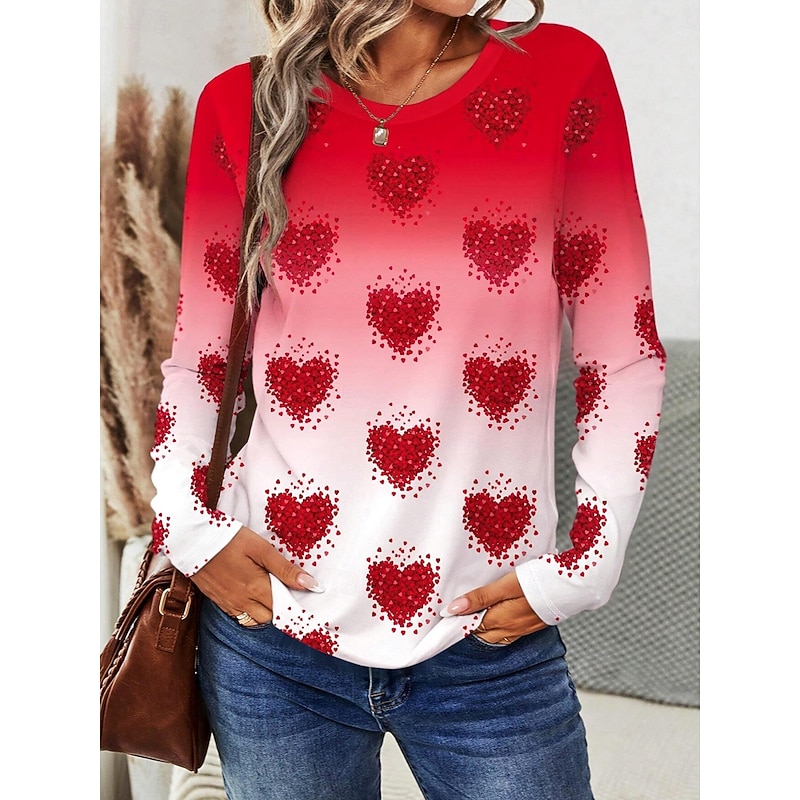 Women's T shirt Crew Neck Long Sleeve Tunic Ombre Heart Casual  Regular Tops Daily Print Red Spring Fall3