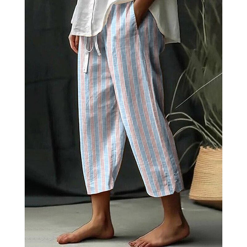 Women's Cotton Linen Pants Pants Trousers Lightweight Casual Full Length Mid Rise Stripe Pocket Drawstring Breathability Comfortable Inelastic Casual Daily Weekend River Blue White Summer Spring2