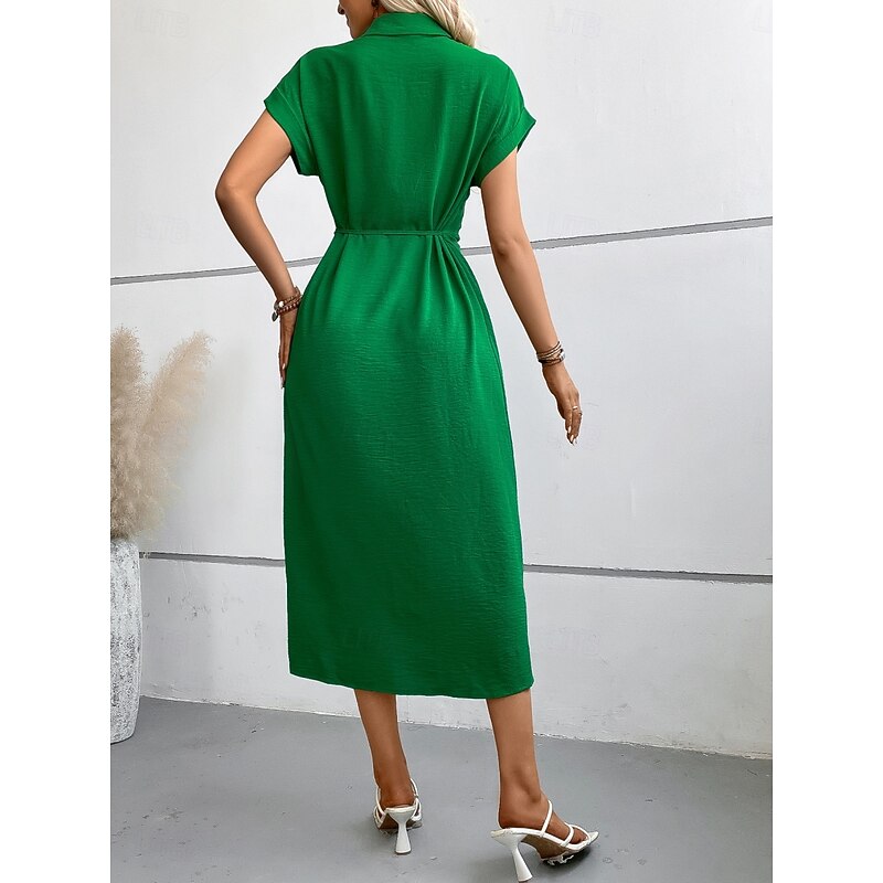 Women's Midi Dress Shirt Dress Casual Dress Wrap Dress Stylish Basic Casual Vacation Daily Regular Fit Plain Short Sleeve Shirt Collar Black Green Summer Spring2