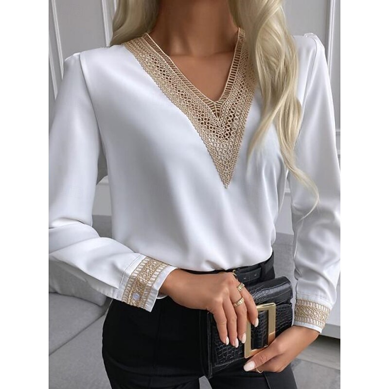 Women's Shirt Blouse Solid Color Stylish Casual Long Sleeve V Neck Regular Tops Daily Lace Patchwork Black White Summer Spring Fall