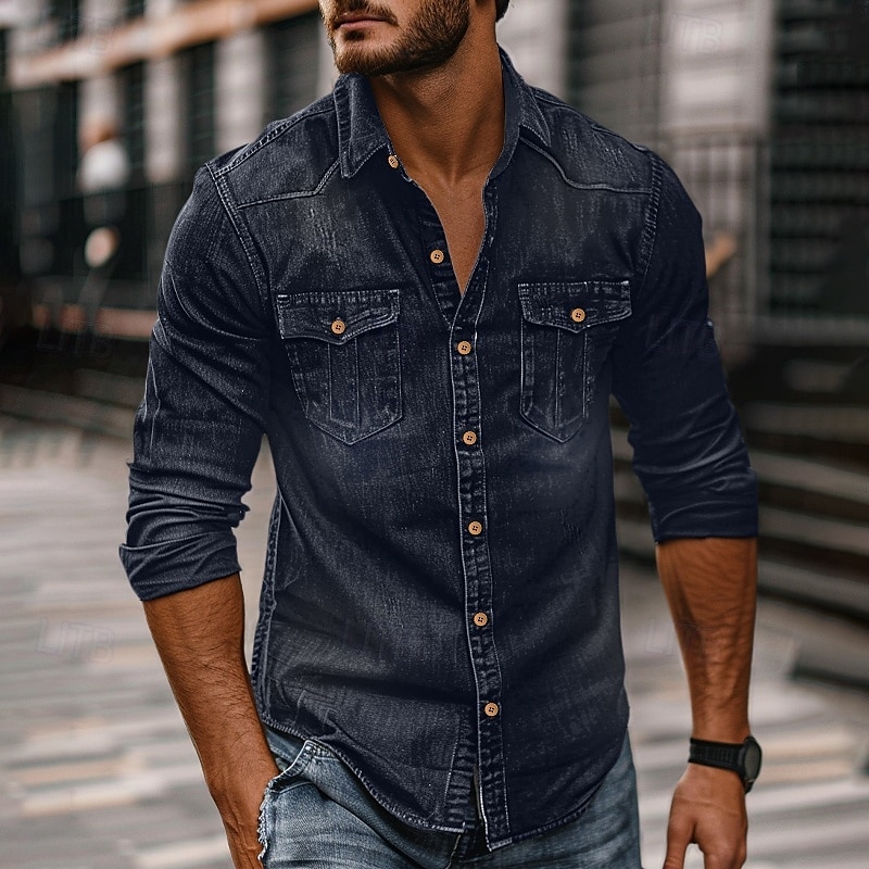 Men's Shirt Chambray Shirt Calico Shirt Button Up Shirt Casual Shirt Denim Shirt Denim Blue Black Dark Navy Blue Long Sleeve Plain Collar Daily Vacation Clothing Apparel Cotton Fashion Casual4