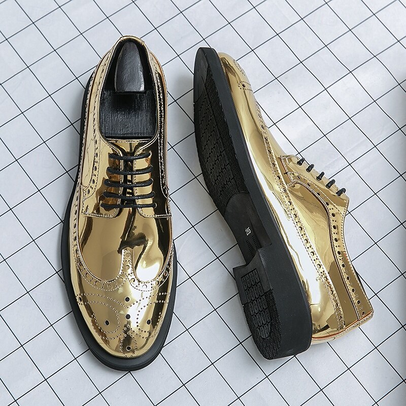 Men's Gold Patent Faux Leather Brogue Shoes - Classic Wingtip Lace-Up Design for Formal Events, Parties and Weddings3