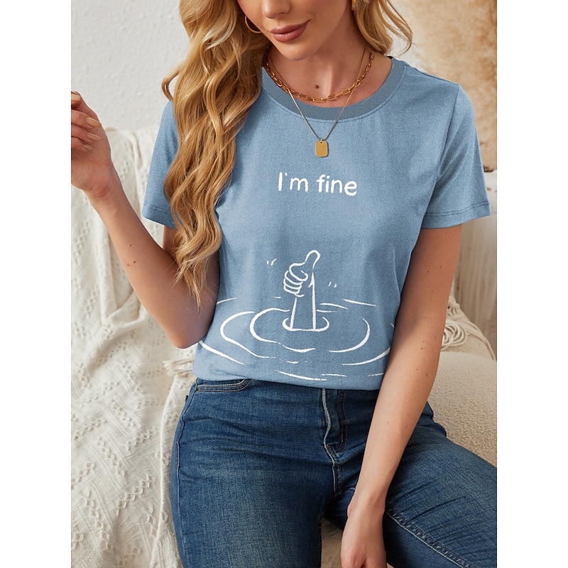 Women's T Shirt Letter Casual Short Sleeve Round Neck Regular Tops Daily Print Pink Red Blue Summer2