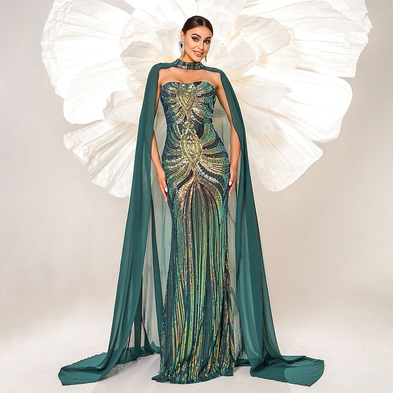 Mermaid / Trumpet Evening Gown Elegant Dress Carnival Evening Party Floor Length Sleeveless with Chiffon Cape Sweetheart with Glitter3