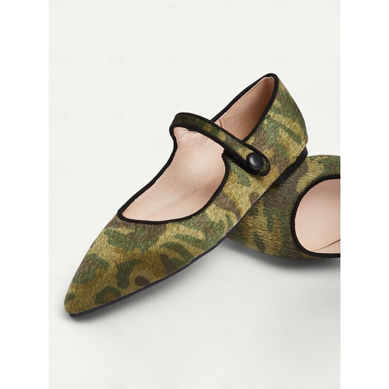 Women's Camo Print Mary Jane Flats – Faux Pony Hair Material, Pointed Toe Comfortable Slip-On Shoes with Soft Sole, Ideal for Casual Wear, Outdoor Activities, and Everyday Style4