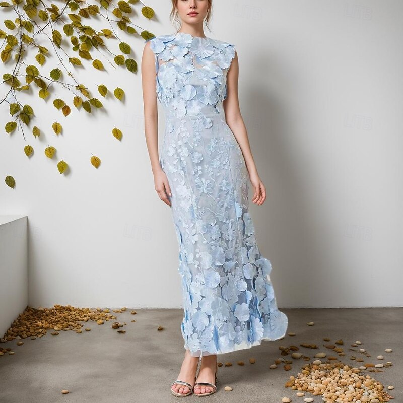 Sheath / Column Elegant Dress Wedding Wedding Guest Ankle Length Sleeveless with 3D Floral Lace Appliques4