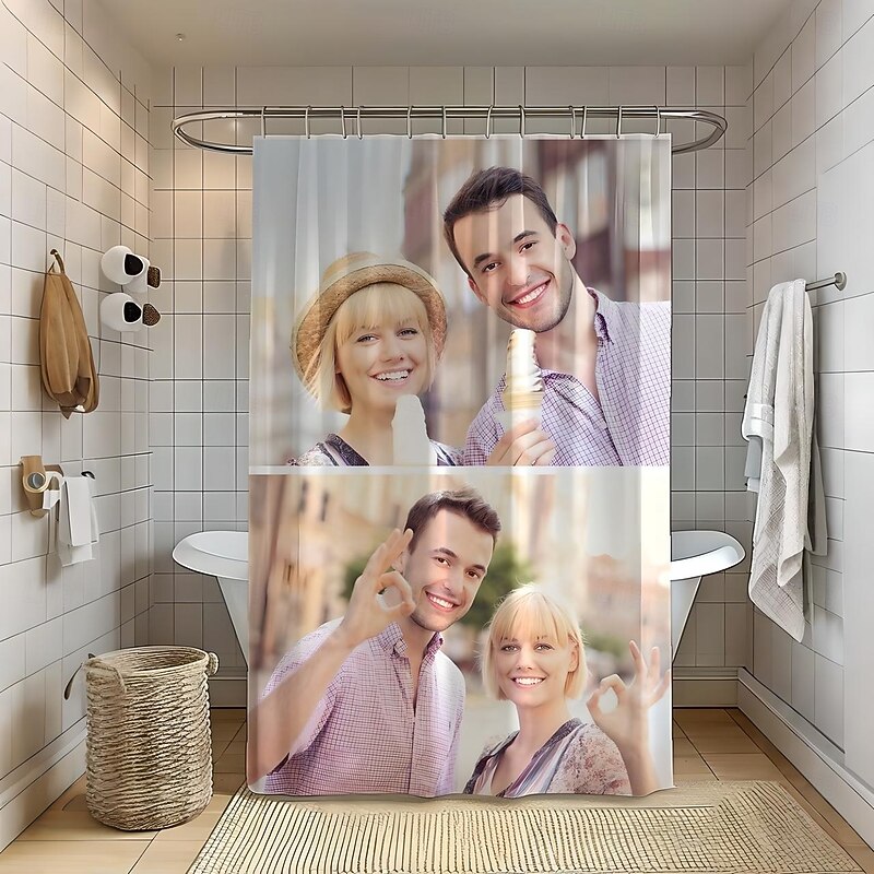 Personalized Photo Shower Curtain with 12 Hooks Custom Wedding Gift for Couple Bathroom Decor Fabric Waterproof Washable Upload Your Image Photo Picture for Bathroom Hotel