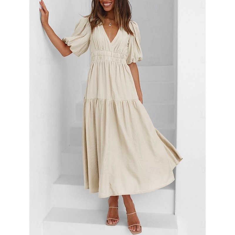 Women's Maxi Dress Casual Dress Swing Dress Basic Casual Vacation Daily Regular Fit Plain Short Sleeve V Neck Black Green Apricot Light Blue Summer3