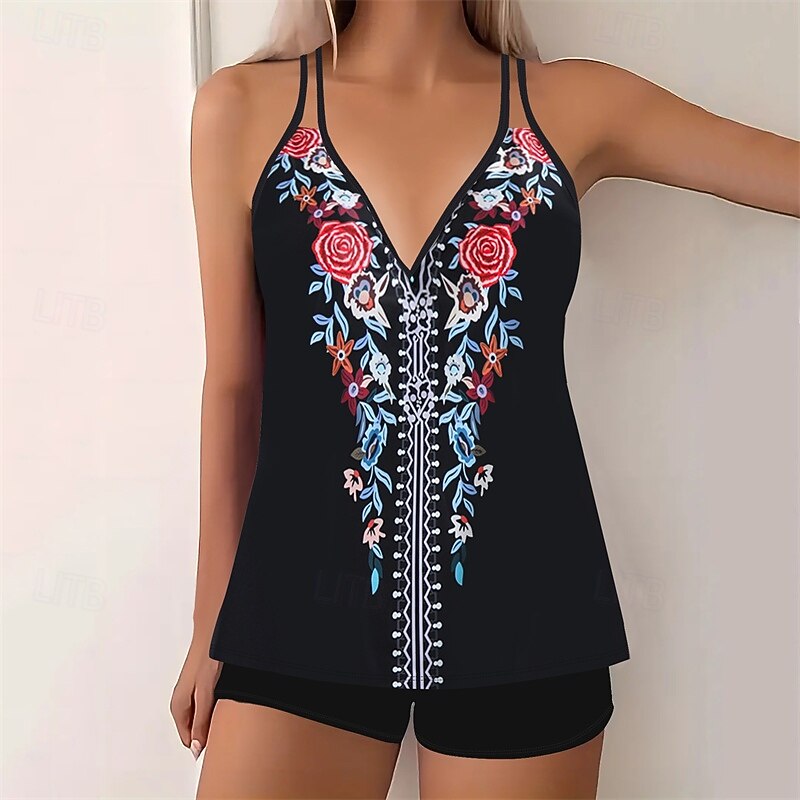 Women's Tankini Two Piece Swimsuit V Neck Swimwear Swimwear Black Purple Breathable Quick Dry Lightweight Sleeveless - Swimming Surfing Beach Summer Spring Plus Size