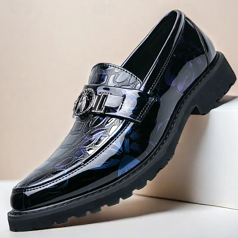en's Floral Embossed Patent Leather Loafers with Metallic Buckle – Stylish Slip-On Shoes for Formal and Evening Wear