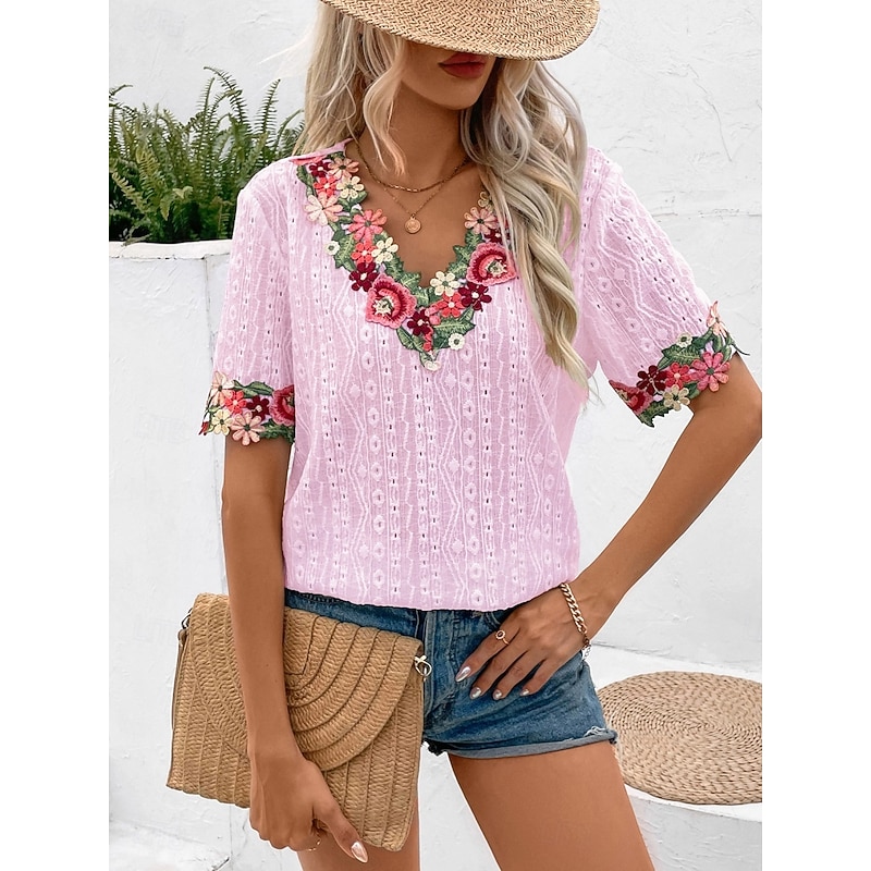 Women's White Elegant Lace Tops Eyelet Blouse Fashion Modern Casual Plain Regular Tops Short Sleeve V Neck Embroidered Regular Fit Weekend Romantic Petite Tops Summer Holiday Wear Pink Summer Spring3