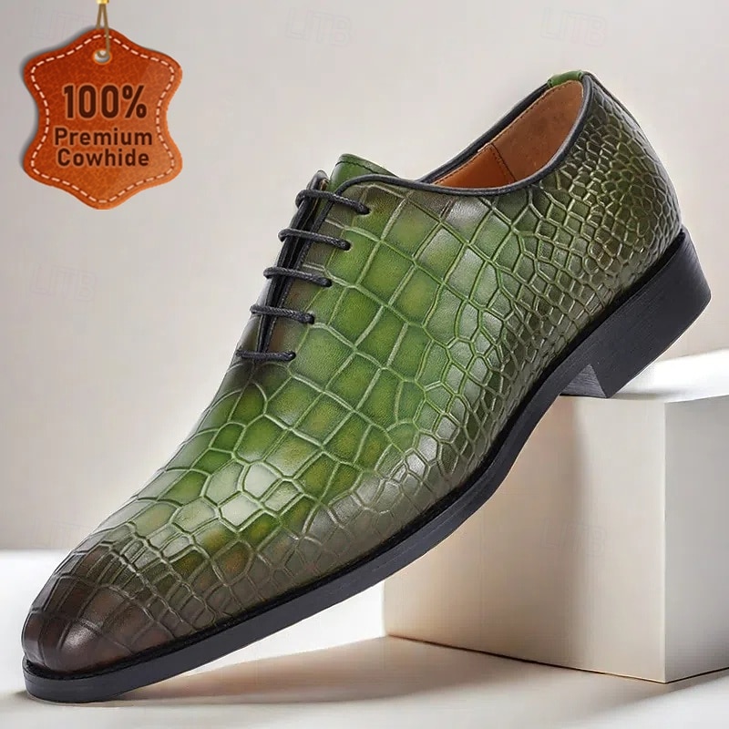 Men's Green Crocodile Pattern Leather Oxford Shoes – Premium Cowhide Lace-Up Design for Formal, Business and Special Occasions