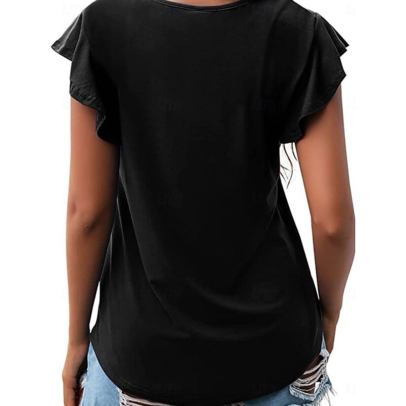 Women's T Shirt Plain Fashion Modern Casual Short Sleeve Crew Neck Regular Tops Daily Weekend Ruffle Black Pink Gray Summer Spring4