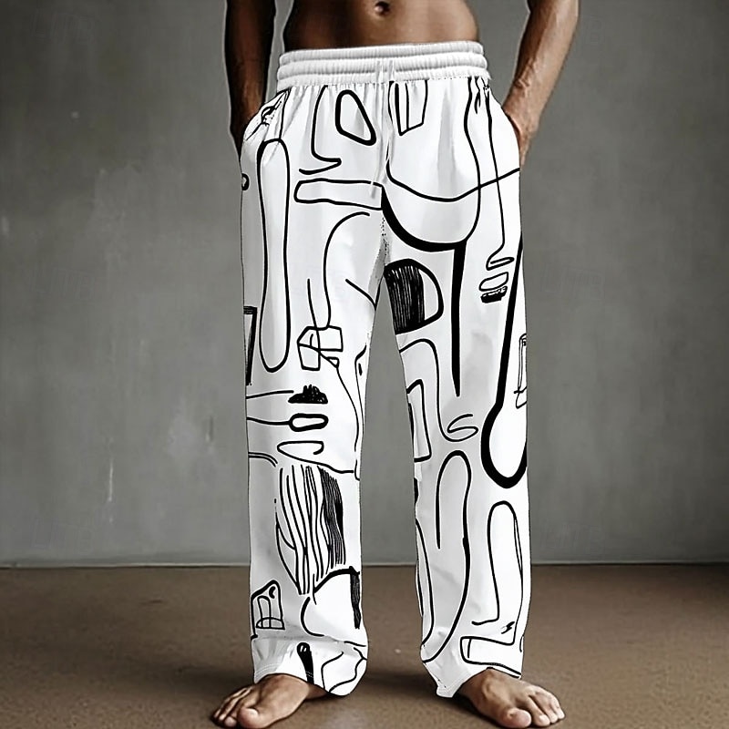 Men's Hippie Face Printed Trousers Casual Pants Drawstring Elastic Waist Vintage Retro Outdoor Vacation Holiday Side Pockets Straight Leg Trousers Summer Spring Fall 3D Print White