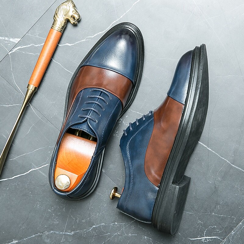 Men's Two-Tone Faux Leather Dress Shoes – Classic Lace-Up Oxford Style with Brown and Blue Accent, Formal and Business Casual Footwear for Professional Events4