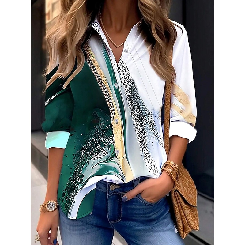Women's Shirt Button Down Tunic Shirt Collar Long Sleeve Ombre Marble Daily Stylish Long Tops Daily s Print Green Spring