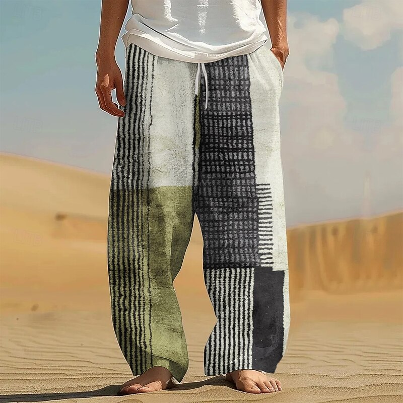 Men's Color Block Patchwork Trousers Casual Pants Drawstring Elastic Waist Hawaiian Ethnic Casual Outdoor Vacation Holiday Side Pockets Straight Leg Trousers Summer Spring Fall 3D Print Blue Brown2