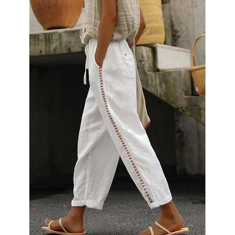 Women's Sweatpants Chinos Fashion Streetwear Ankle-Length High Waist Plain Lace Pocket Elastic Waistband Comfy Soft Comfortable Micro-elastic Outdoor Street Black White Khaki Gray Summer Regular Fit