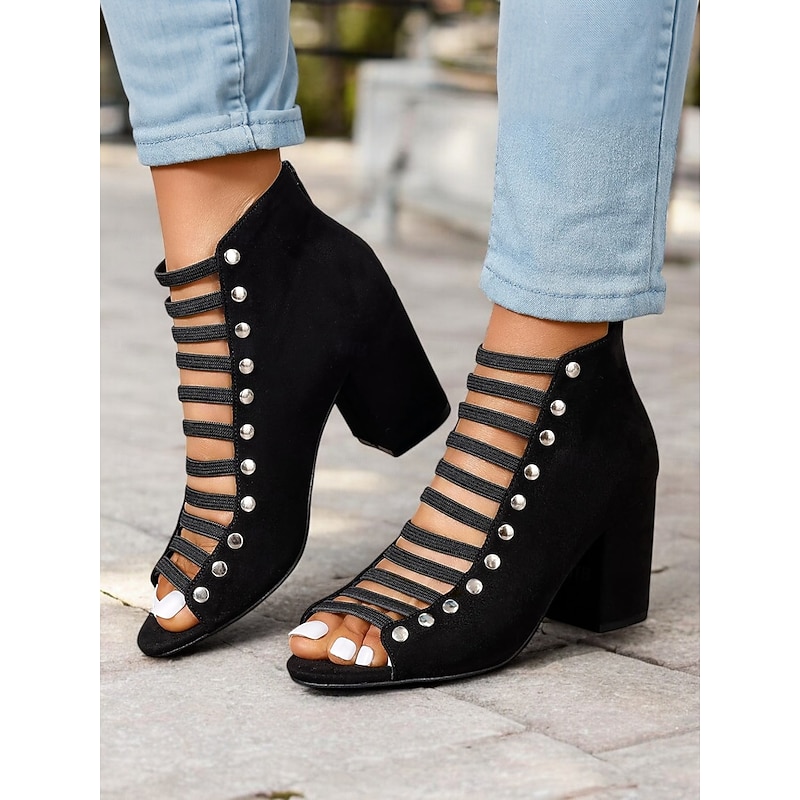 Women's Black Strappy Block Heel Sandals with Studded Details – Trendy Peep-Toe Design for Office and Parties Wear