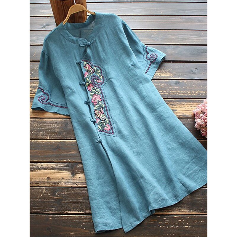 Women's Long Dress Maxi Dress Linen-Inspired Dresses Casual Dress Vintage Stylish Casual Vacation Daily Regular Fit Floral Short Sleeve Stand Collar Blue Purple Summer4