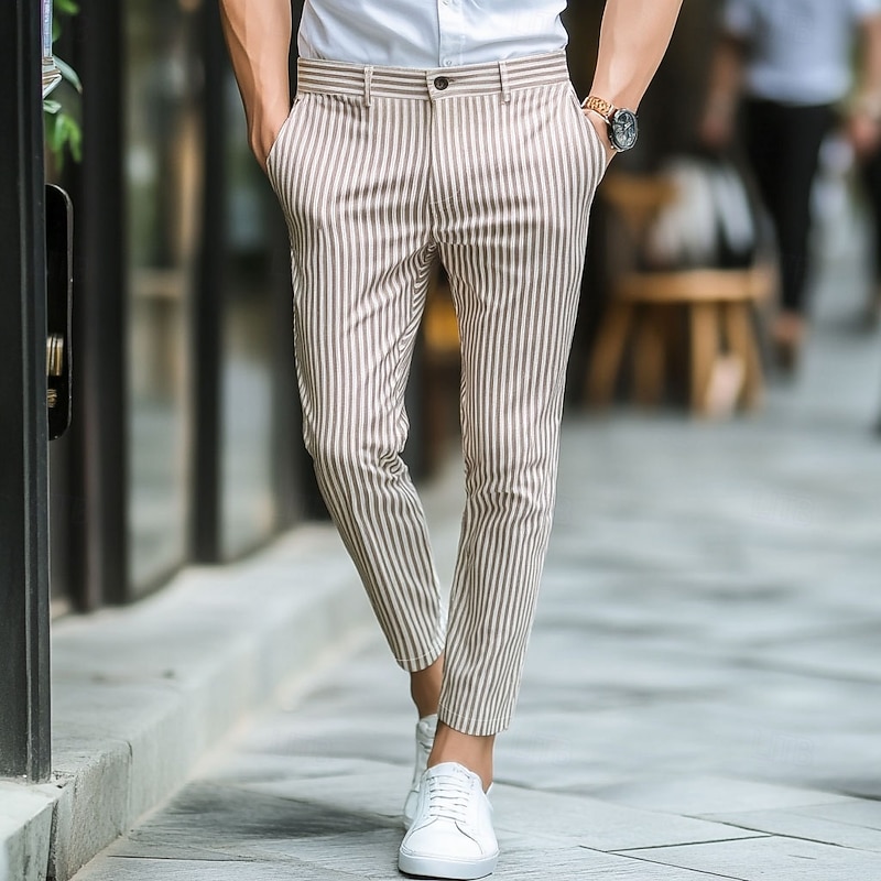 Men's Geometric Striped Dress Pants Trousers Mid Waist Business Casual Outdoor Vacation Streetwear with Pockets Slim Fit Flat-Front Summer Spring Fall 3D Print khaki Gray