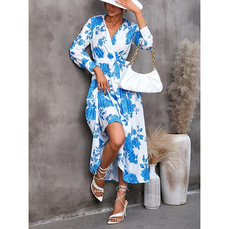 Women's Maxi Dress Casual Dress Wrap Dress A Line Dress Stylish Casual Vacation Daily Regular Fit Floral Long Sleeve V Neck Yellow Blue Summer